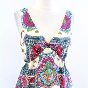 Johnny Was Silk Colorful Floral Print V Neck Babydoll Tank Top Blouse Size S